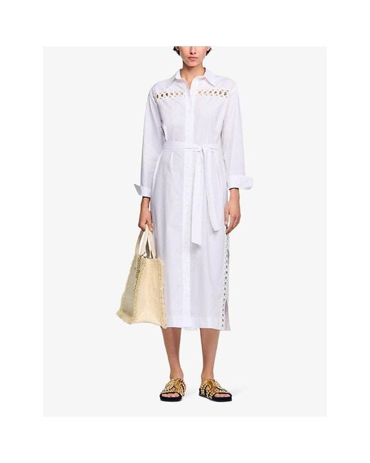 Sandro White Open-weave Embroidered Belted Cotton Midi Shirt Dress