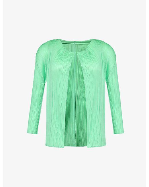 Pleats Please Issey Miyake Green Pleated Round-neck Knitted Cardigan