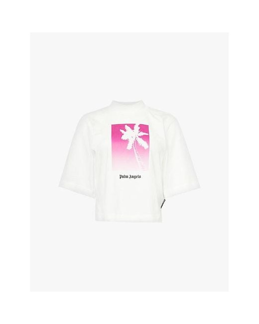 Palm Angels Pink Palm-Tree Logo Text-Print Cotton T-Shirt