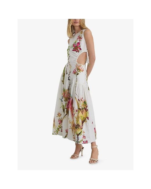 Reiss White Bianca Cut-Out Linen Midi Dress