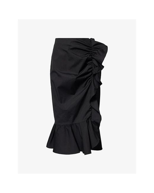 Carolina Herrera Black Ruched Ruffled-Hem Cotton-Blend Pencil Skirt