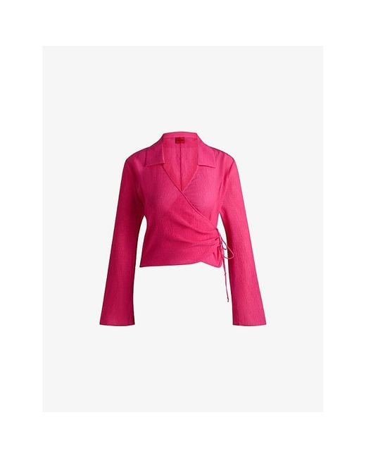 HUGO Pink Wrap-Over Long-Sleeve Woven Top