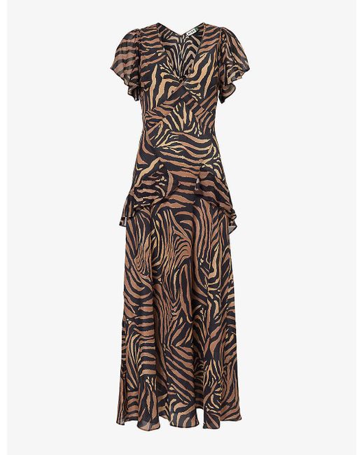 Rixo Brown Evie Tiger-pattern Silk Midi Dress