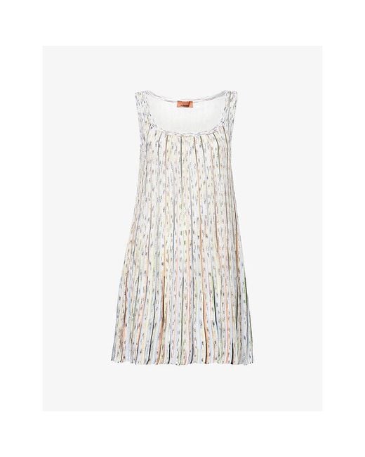 Missoni White Striped Sleeveless Metallic-Knit Mini Dress
