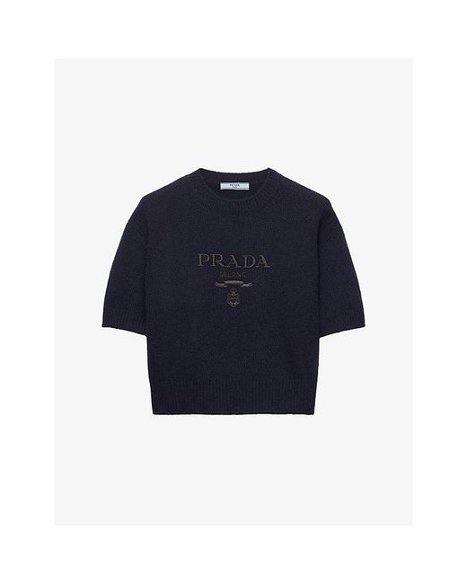 Prada Blue Logo-Intarsia Cashmere-Wool Blend Knitted Jumper