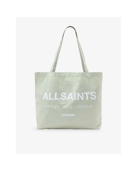 AllSaints Green Underground Logo-Print Cotton Tote Bag for men
