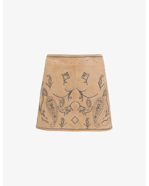 AllSaints Natural Shai Stud-embroidered High-rise Suede Mini Skirt