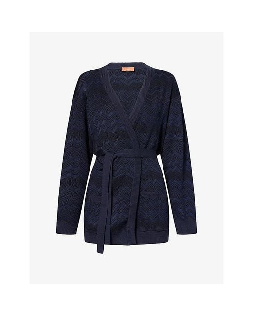Missoni Blue Belted Chevron Knitted Cardigan