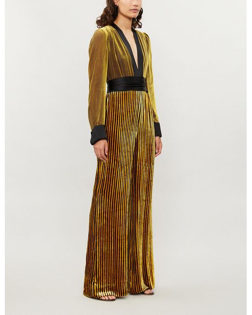 Diane von Furstenberg Metallic Satin-trimmed Striped Devoré-velvet Jumpsuit
