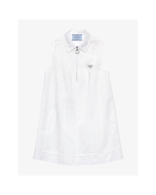 Prada White Branded Zip-Up Cotton Mini Dress