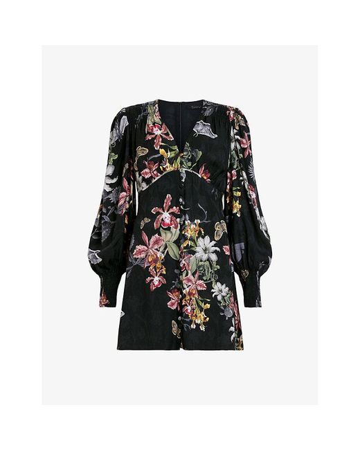 AllSaints Black Auden Sanibel Floral-print Woven Mini Dress 1