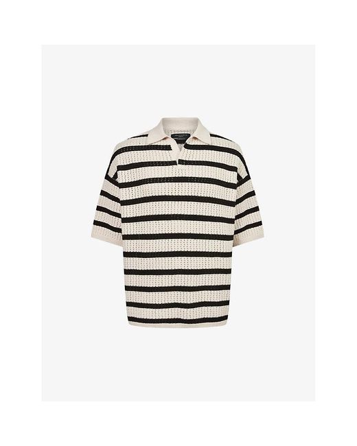 AllSaints Gray Kade Striped Oversized Wool And Organic-cotton Knit Polo Shirt X for men
