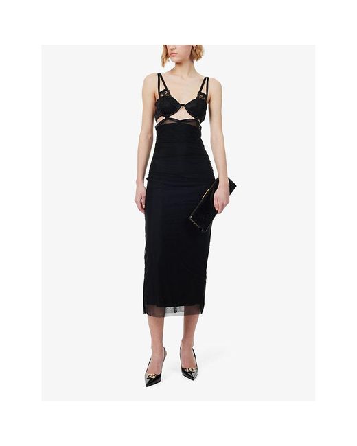 Dolce & Gabbana Black Lace-design Slim-fit Mesh Midi Dress