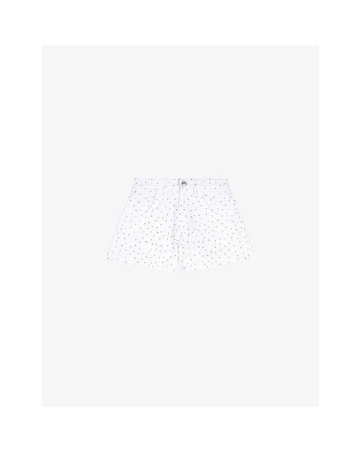 Maje White Rhinestone-embellished Mid-rise Denim Shorts