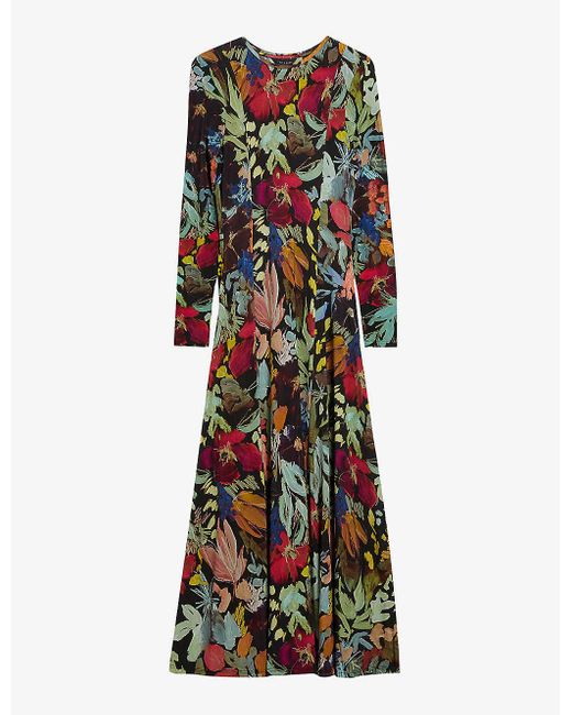 Ted Baker Black Alexann Floral-print Long-sleeve Stetch-woven Midi Dress
