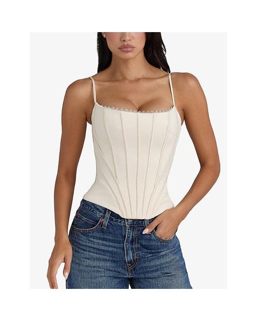 House Of Cb White Cadie Graphic-Print Satin Corset Top