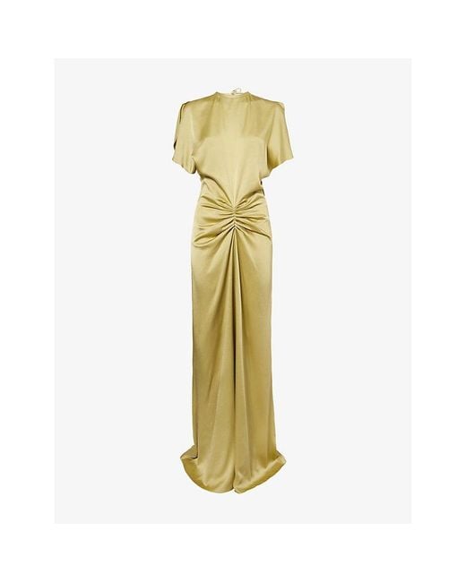 Victoria Beckham Gathered Low-Back Satin Maxi Dress in Metallic | Lyst