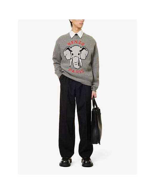 KENZO Blue Pleated Straight-leg Mid-rise Wool Trousers for men