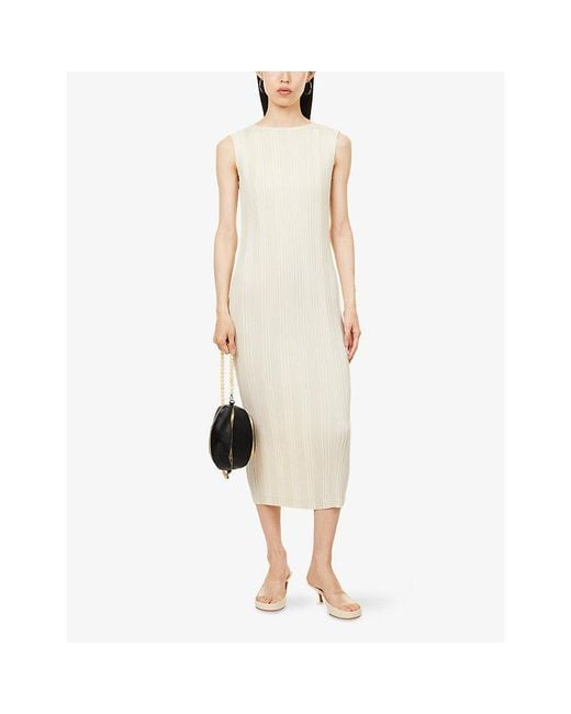 Issey Miyake White Sleeveless Pleats Knitted Midi Dress