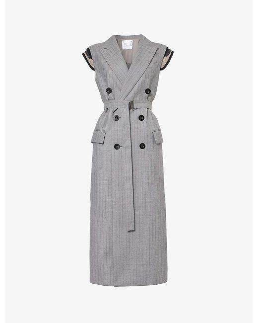 Sacai Gray Sleeveless Pinstriped Wool Midi Dress