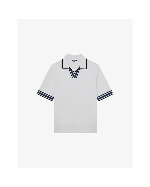 Reiss White Poole Striped-Trim Stretch-Knit Polo Shirt for men