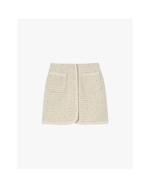 Claudie Pierlot Natural Patch-Pocket Button-Down Tweed Mini Skirt