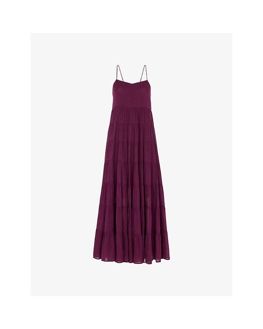 Whistles Purple Curved-Neck Sleeveless Tiered Cotton Maxi Dress
