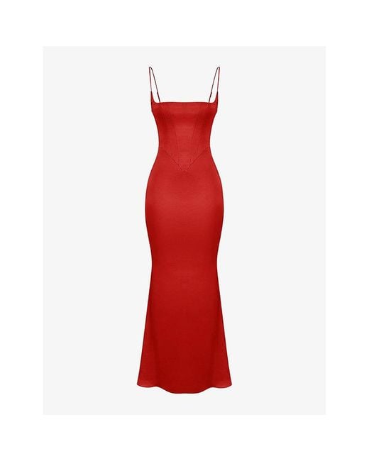 House Of Cb Red Olivette Corset Satin Maxi Dress