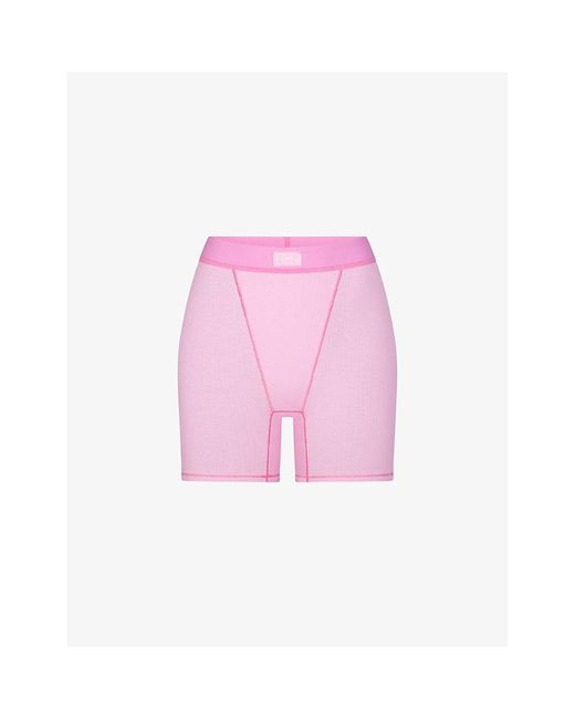 Skims Pink Cotton Rib Logo-waistband Stretch-cotton Boxer Shorts