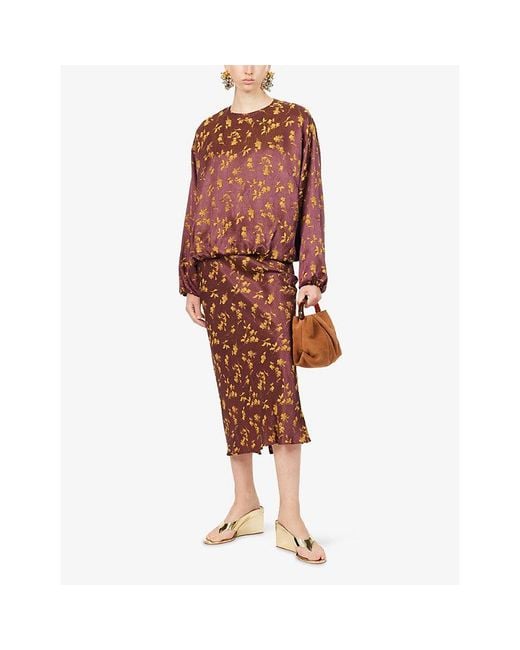 Dries Van Noten Brown Floral-Print Satin Midi Skirt