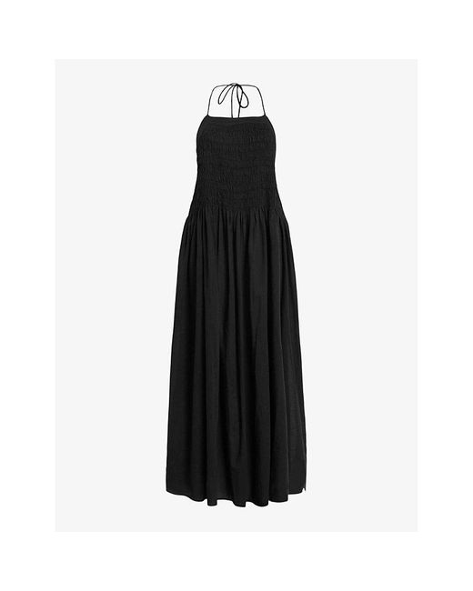 AllSaints Black Iris Shirred Cotton Midi Dress