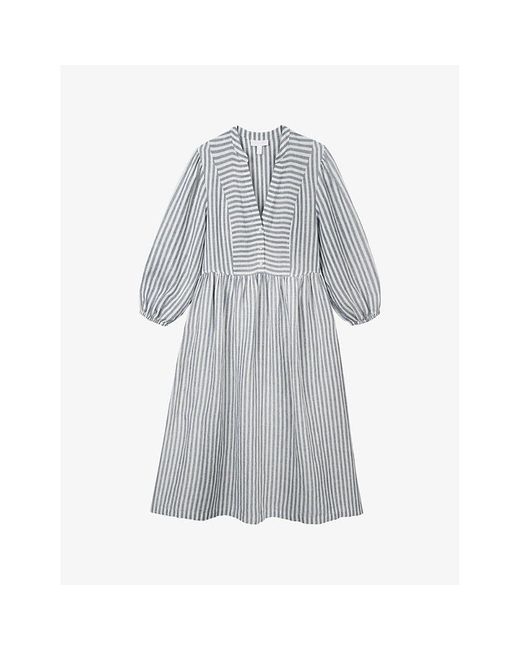 The White Company Gray Striped V-neck Linen Midi Dress