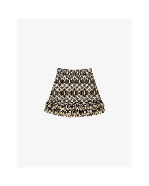 Sandro Green Floral Broderie-anglaise Embroidered Cotton Mini Skirt