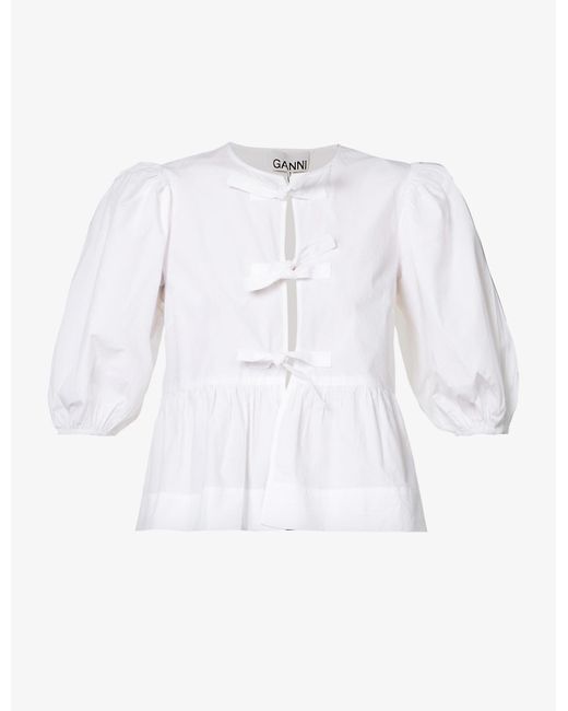 Ganni Puff-sleeve Tiered-hem Cotton Blouse in Bright White (White) | Lyst