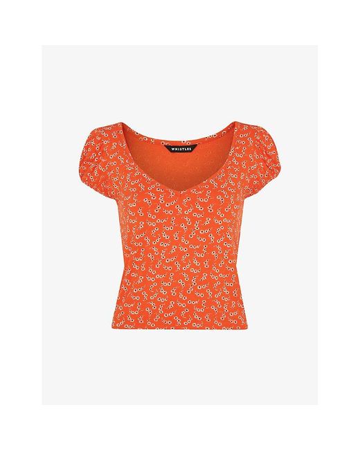 Whistles Orange Micro Floral-print Woven Sweetheart Top