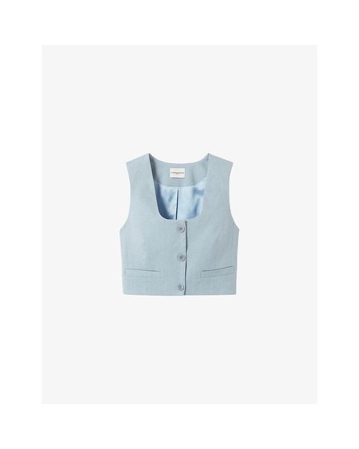 Claudie Pierlot Blue Square-Neck Cropped Linen-Blend Top