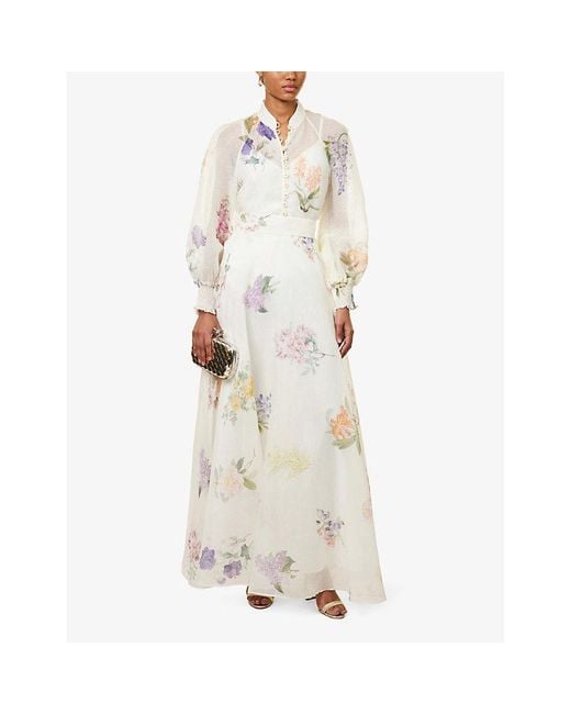 Zimmermann White Natura Floral-pattern Linen And Silk-blend Maxi Skirt X