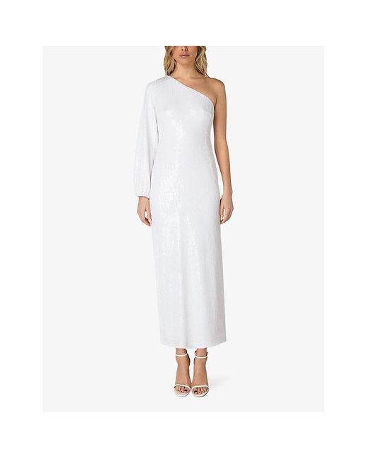 Ro&zo White Selena Sequin-embellished One-shoulder Stretch-woven Midi Dress