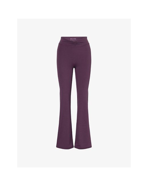 BO+TEE Purple Ruched-Waist Flared Stretch-Woven Leggings