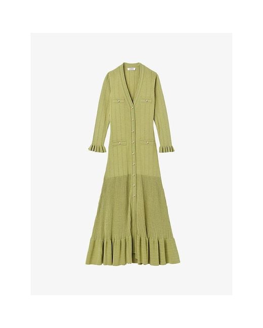 Sandro Green Button-up Stretch-knit Midi Dress