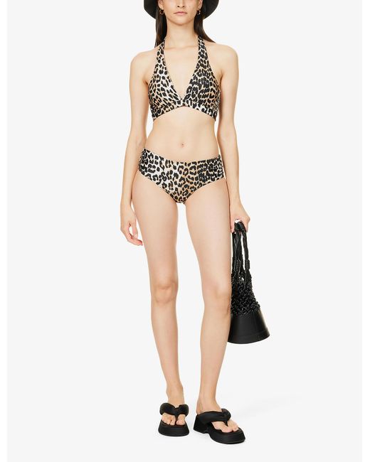 Ganni Synthetic Leopard-print Halter Neck Bikini Top | Lyst Canada
