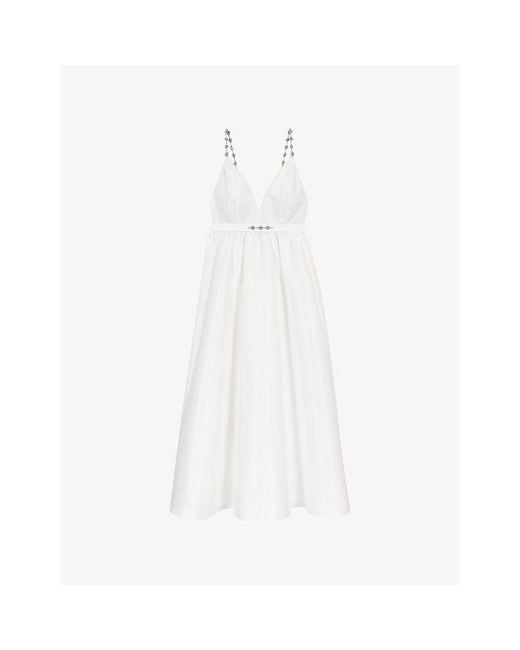 Maje White Jewelled V-Neck Taffeta Maxi Dress