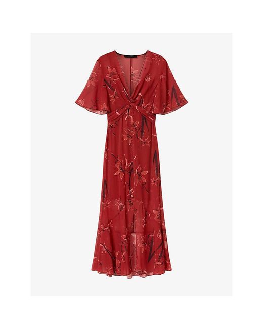 AllSaints Red Mollie Floral-Print Chiffon Midi Dress