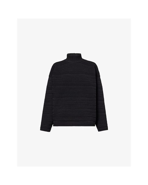 Pleats Please Issey Miyake Black Crepe High-Neck Knitted Top