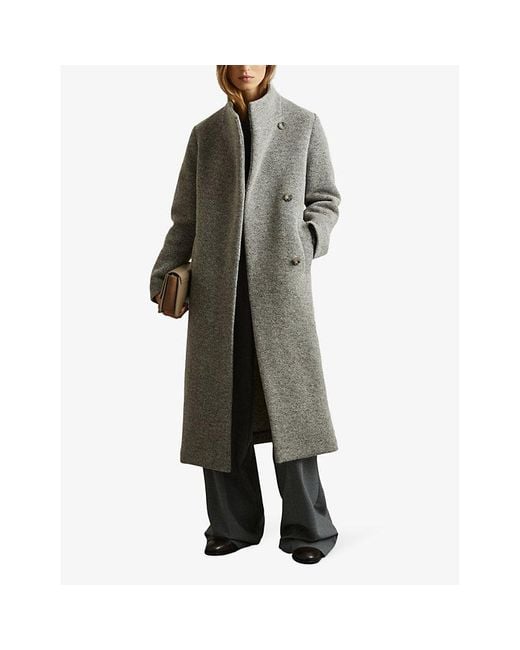 Reiss Gray Funnel-Neck Herringbone-Weave Wool-Blend Coat