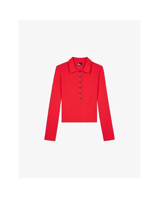 The Kooples Red Ribbed Button-Neck Knitted Jumper