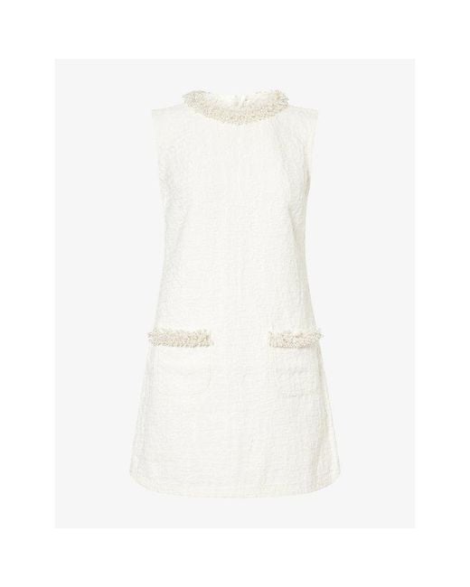 Self-Portrait White Pearl-Embellished Denim Cotton Mini Dress