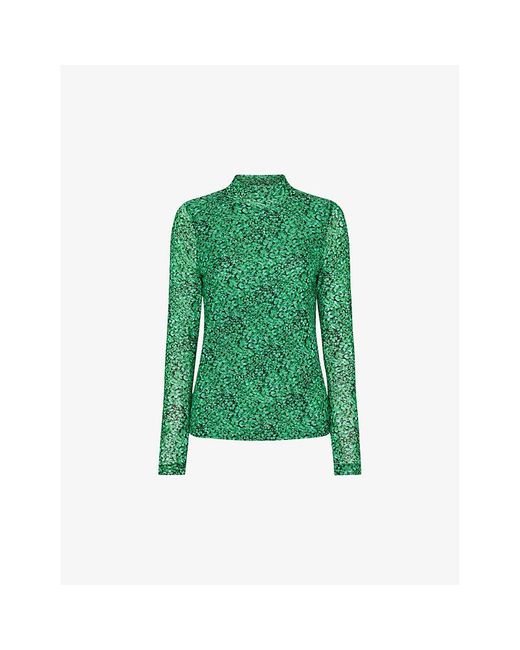 Whistles Green Floral-pattern Long-sleeved Stretch-mesh Top