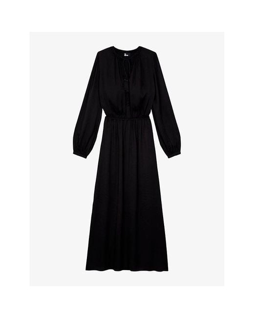 The Kooples Black Open-collar Elasticated-waist Woven Midi Dress