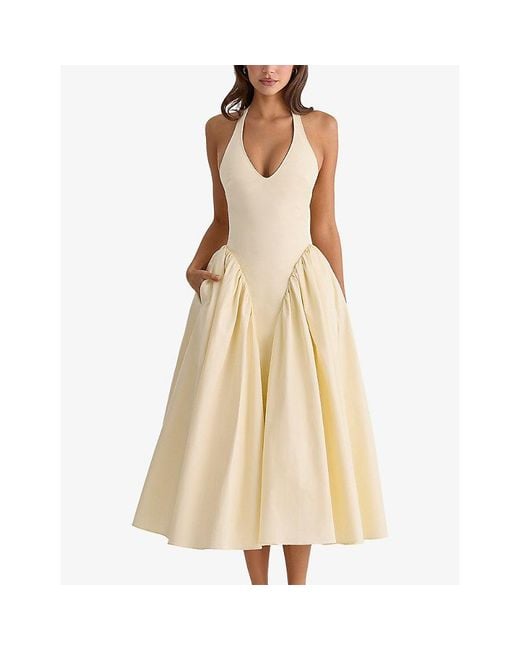 House Of Cb White Marilyn Halterneck Stretch-Cotton Midi Dress Xs (A-C Cup)